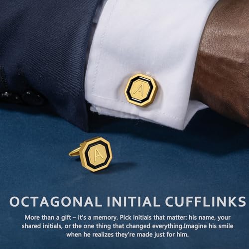 AMITER 18K Gold Plated Initial Cufflinks, Mens Cuff Links for Business Wedding Shirts Studs Suit Accessories - Gift for Groom Husband Father - style: B