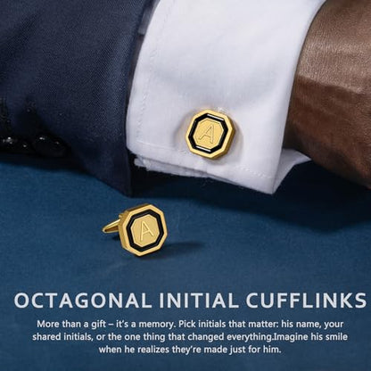 AMITER 18K Gold Plated Initial Cufflinks, Mens Cuff Links for Business Wedding Shirts Studs Suit Accessories - Gift for Groom Husband Father - style: B