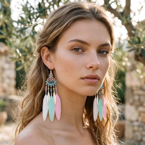 FRESHME Feather Earrings for Women - Native American Jewelry Boho Dangle Ethnic Indian Ear Drop for Music Festival Birthday - color: Little Coloful