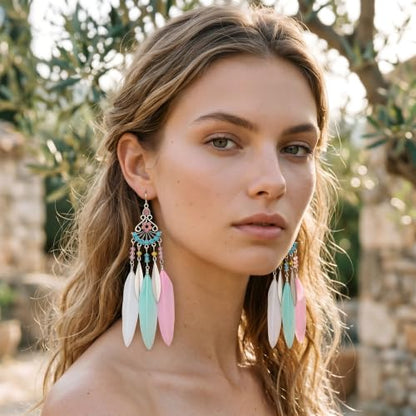FRESHME Feather Earrings for Women - Native American Jewelry Boho Dangle Ethnic Indian Ear Drop for Music Festival Birthday - color: Little Coloful