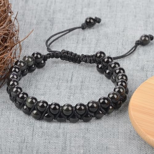 MASSIVE BEADS Double Layer Natural Chakra Healing Power Crystals Macrame Bracelet Yoga Stone Beads Gemstone Meditation Relax Anxiety Bangle for Unisex Women Men - color: Black Obsidian, size: 4mm