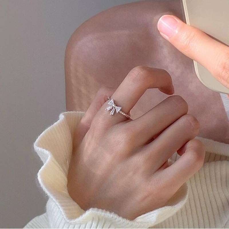 2Pcs Bow Rings for Women Elegant Sweet Coquette Ribbon Bowknot Rings Silver Dainty Crystal Bow Rings Minimalist Cute Statement Ring Adjustable Open Ring Trendy Christmas Birthday Jewelry Gift