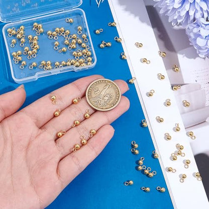UNICRAFTALE about 100Pcs 18K Gold Plated Small Ball Charms Stainless Steel Round Pendants Metal Dangle Ball Charms for DIY Necklace Bracelet Jewelry Making - size: 4mm Diameter