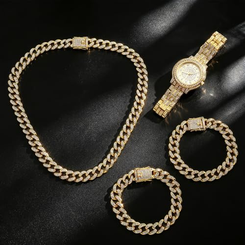 NEWITIN 4 Pieces Cuban Jewelry Set for Men Diamond Watch Necklace Bracelets | Hypoallergenic, Cubic Zirconia, Cuban Link Chain, Iced Out Bling Rhinestone, Silver Gold Black, Hip Hop Jewelry Set for Men