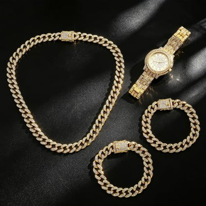 NEWITIN 4 Pieces Cuban Jewelry Set for Men Diamond Watch Necklace Bracelets | Hypoallergenic, Cubic Zirconia, Cuban Link Chain, Iced Out Bling Rhinestone, Silver Gold Black, Hip Hop Jewelry Set for Men