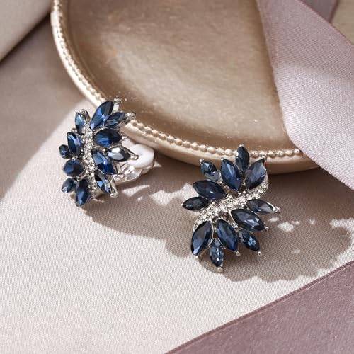 EVER FAITH Sparkly Rhinestone Clip-on Earrings for Women Bride, Fashion Marquise Crystal Cluster Wedding Bridal Stud Earring for Prom Formal Party - color: Sapphire Blue Silver-Tone