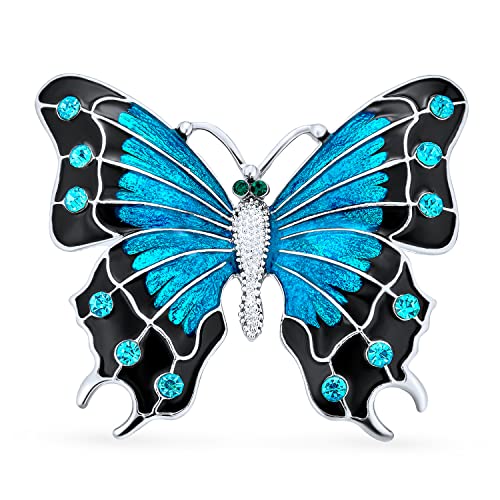 Bling Jewelry Large Statement Crystal Accent Yellow Orange Golden Aqua Blue Black Clear Garden Dragonfly Firefly Fluttering Filigree Butterfly Brooch Scarf Pin For Women And Teens Silver Gold Plated - color: Dark Blue