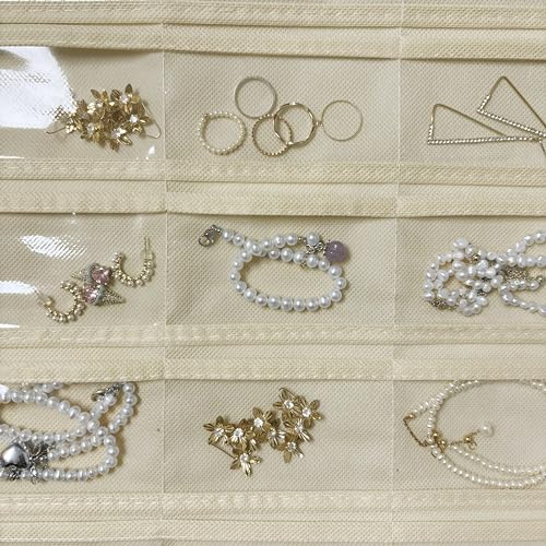 Hanging Jewelry Organizer, 80-Pocket Double-Sided Storage, 1-Pack, Black and Beige - color: Black and Beige