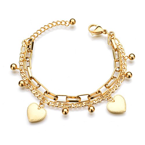 LUREME 18K Gold Stainless Steel Multi Chains Bracelet with Ball and Heart Charms for Women