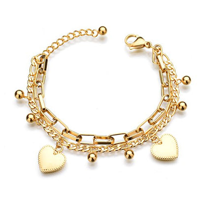 LUREME 18K Gold Stainless Steel Multi Chains Bracelet with Ball and Heart Charms for Women