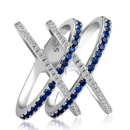 PAVOOI 14K Gold Plated X Ring Simulated Diamond CZ Criss Cross Ring for Women Juude Jewelers Silver Rose Gold Braided Wrap Knot Style Promise Statement Cocktail Party Ring(Silver Blue-US Code-6) - color: Silver Blue, size: (US Code-6)