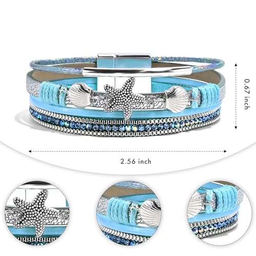 VIBILIA Boho Leather Wrap Bracelets for Women Multi-Layer Bracelets | With Strong Clasp Jewelry for Women - color: 04-ShellStarfish-Blue