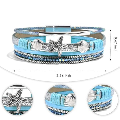 VIBILIA Boho Leather Wrap Bracelets for Women Multi-Layer Bracelets | With Strong Clasp Jewelry for Women - color: 04-ShellStarfish-Blue