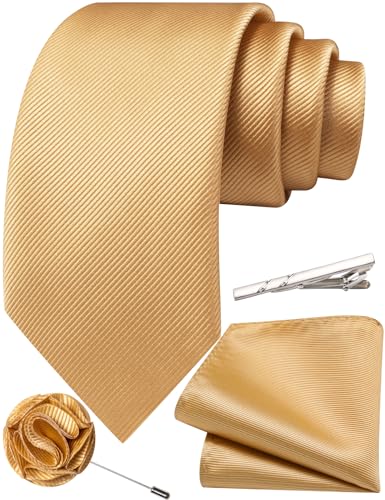 Solid Color Tie and Pocket Square with Tie Clip Lapel Pin Silk Formal Necktie Set Wedding Formal - color: Gold