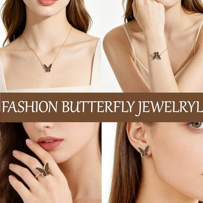 Butterfly Jewelry Set, Including Butterfly Necklace, Bracelet, Stud Earrings, and Adjustable Ring for Women - color: Brown