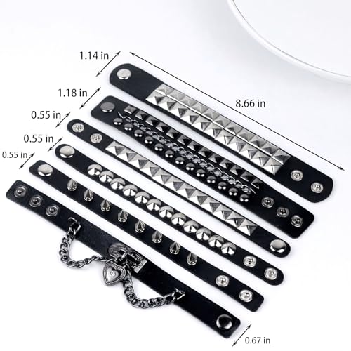 LAPOHI 6 PCS Leather Bracelets for Men Women Punk Goth Rock Spiked 80s Stuff Cool Metal Studded Accessories Black Cuff Wristband for Party Cosplay Night Club Sexy Gift Halloween