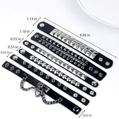 LAPOHI 6 PCS Leather Bracelets for Men Women Punk Goth Rock Spiked 80s Stuff Cool Metal Studded Accessories Black Cuff Wristband for Party Cosplay Night Club Sexy Gift Halloween