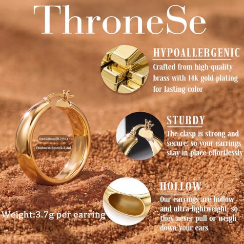 8mm Wide Gold Hoop Earrings for Women Hypoallergenic 925 Sterling Silver post Lightweight Large 14k Chunky Gold Hoop Earrings for Women 20/30/40/50/60mm - color: Gold 20mm