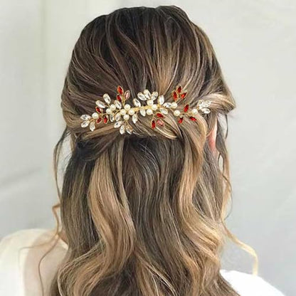 Pearl Crystal Hair Comb Bridal Rhinestone Gold Vine Hair Piece Accessories for Wedding Women (Red-2) - color: Red-2