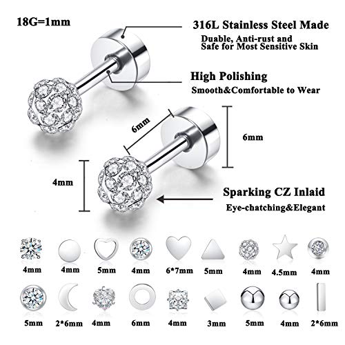 18Pairs 20G 18G Stainless Steel Tiny Stud Earrings for Women Cartilage Helix Earrings Ball Star CZ Earrings - color: Sliver, size: 18G