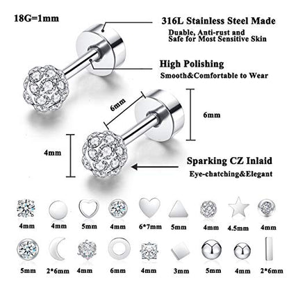 18Pairs 20G 18G Stainless Steel Tiny Stud Earrings for Women Cartilage Helix Earrings Ball Star CZ Earrings - color: Sliver, size: 18G