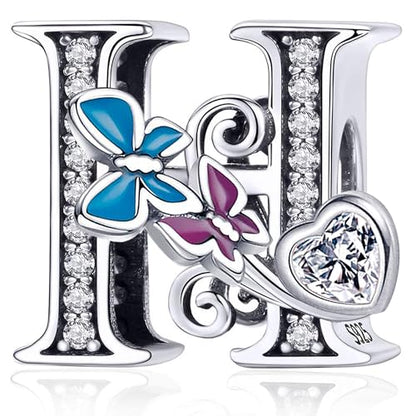 S925 Silver Butterfly Initial Letter Charms Fit for Pandora Charms Bracelets and Necklace Alphabet Bead Charms Jewelry Gifts for Women - color: H