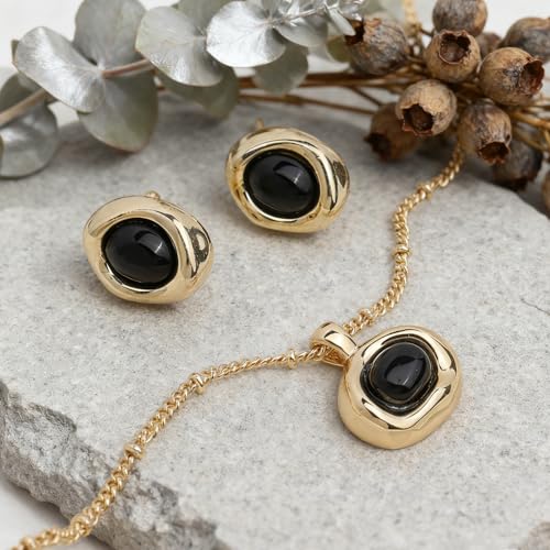 Gold Silver Stud Earrings Pendent Necklace Sets for Women, Dainty Rhinestone Crystal Necklace Earing Jewelry Set Wedding Accessories Fashion Holiday Gift - color: Black Obsidian