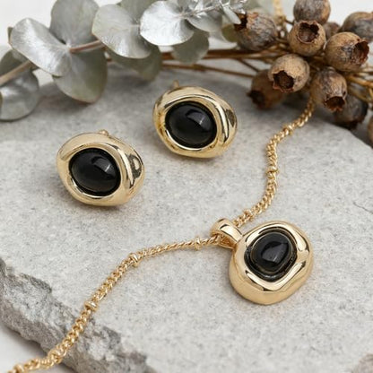 Gold Silver Stud Earrings Pendent Necklace Sets for Women, Dainty Rhinestone Crystal Necklace Earing Jewelry Set Wedding Accessories Fashion Holiday Gift - color: Black Obsidian