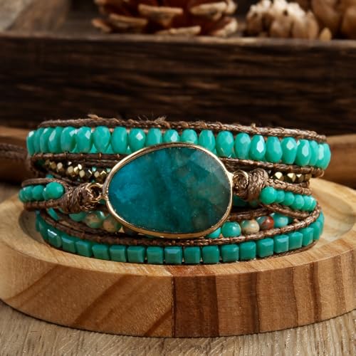 Women Wrap Bracelet Boho Natural Jasper Crystal Stone Beads Strand Bracelets - color: Style 14-Green #2