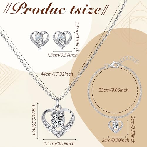3 Pcs Heart Bow Snow Jewelry Set | Heart Necklace with Bracelet Earring, Snow Jewelry Set for Women, Bow Charms Toggle Gifts - color: Silver, style: Heart Diamond