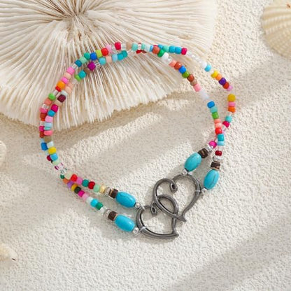 Ankle Bracelets for Women Waterproof Elastic Anklets | Boho Layered Beaded Ankle Bracelet Double Heart Colorful Anklet Summer Beach Jewelry Accessories - style: Colour Black Style