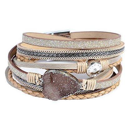 Artilady Leather Wrap Bracelet for Women, Pearl Beaded Bangle Stack Jewelry | Easy on-off, Elegant Handmade Multi-Layered, Daily Casual Date Beach Vacation, Gift for Ladies, Mother, Sister & Friend - style: Brown with druzy