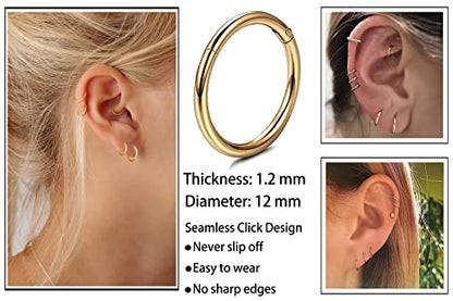 Unisex Dainty Tiny 18k Real Gold Plating Cartilage Huggie Hoop Earrings, 16G Surgical Steel Small Endless Hinged Hoops Earring for Earlobe Cartilage Helix Rook Daith Conch Nose Lip Body Piercing Jewelry - color: Gold 12mm