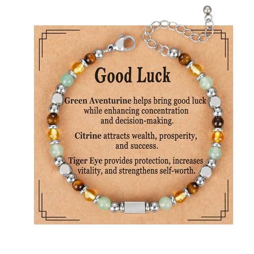 Natural Healing Crystal Bracelet for Women, Triple Protection Anxiety Relief New Beginnings Good Luck Empath Protection Jewelry Gift for Friends Daughter Mom 6.5+1.8 Inches - color: Good Luck-S