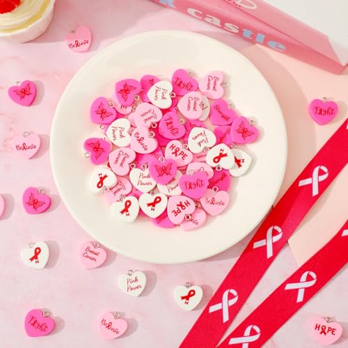 64 Pcs Breast Cancer Awareness Resin Charms, Pink Ribbon Heart Charm | 8 Styles, Breast Cancer Conversation Heart Pendants, DIY Crafts, Bracelet Necklace Earrings Jewelry Making, Decorations - style: Breast Cancer Awareness Style