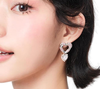 18K Gold Plated & Silver Chunky Heart & Bow Earrings for Women, Chunky Heart Dangle Hoops/Tiny Studs, Kawaii Dainty Hypoallergenic Jewelry for Multiple Piercings, Gift for Her - style: Pearl Heart