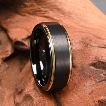 Tungsten Rings for Men Black Golden/Silver Blue Wedding Band | 7MM Mens and Women Engagement Wedding Rings Matte Brushed and High Polish Suitable for Couples' Anniversaries and Parties - color: 8mm black