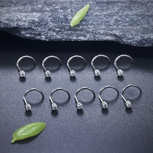 ASTM F136 Titanium Nose Rings 18G 20G 22G Jeweled Clear Cubic Zirconia Nose Studs Ring Screw L-Shaped Bone Hypoallergenic Body Piercing Jewelry for Women 1.5mm 2mm 2.5mm 3mm 10PCS - style: Screw:20G(0.8mm)-2.5mm CZ
