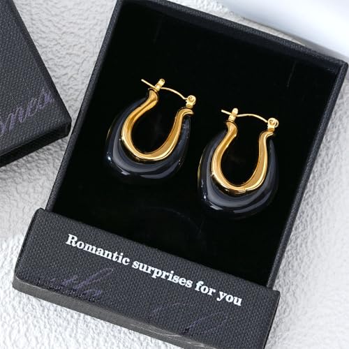 Enamel Hoop Earring for Women 18k Gold Plated Chunky Two-Tone U/C Shaped Earring Enamel Jewelry Gift for Wife Girlfriend - color: Black 1