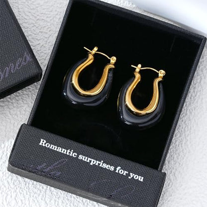 Enamel Hoop Earring for Women 18k Gold Plated Chunky Two-Tone U/C Shaped Earring Enamel Jewelry Gift for Wife Girlfriend - color: Black 1