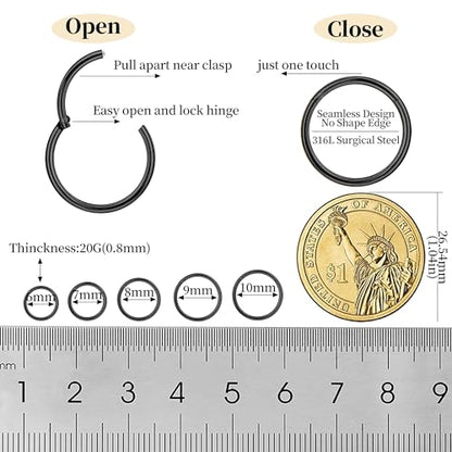 10Pcs 18G 20G Surgical Steel Nose Rings Hoops for Women Men Hinged Seamless Clicker Nose Hoops Cartilage Helix Tragus Daith Sleeper Earrings Hoop Hypoallergenic Nose Piercing 6/7/8/9/10MM - color: black, size: 20G