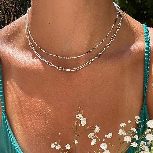 Freekiss Layered Necklace Set for Women Stackable | Herringbone Snake Cuban Rope Chain, Dainty Choker, Layered Stackable, Non Tarnish, Hypoallergenic, Adjustable 14-18.5" - color: Silver, style: Paperclip+O Chain+Box Chain