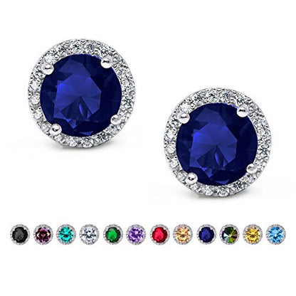 SWEETV Cubic Zirconia Stud Earrings, 8mm Round Cut, Rhinestone Hypoallergenic Earrings for Women & Girls | 9mm Round Cut Hypoallergenic 925 Sterling Silver Stud Earrings for Bridal Bridesmaid Prom Weddings Parties,Silver - color: 06.Sapphire