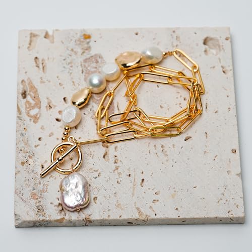 Gold Cuban Chain Necklace Baroque Pearl Necklace 14K Gold Plated Freshwater Pearl Pendant Necklace Daily Jewelly for Women