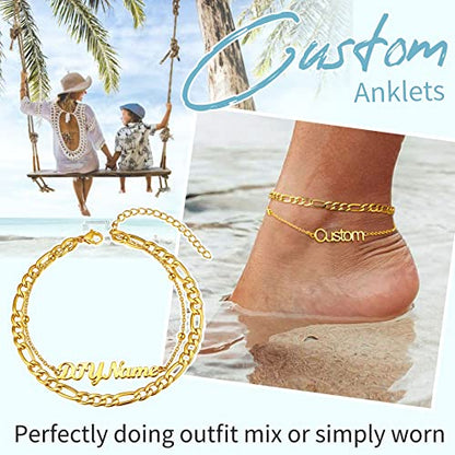 ChainsHouse Double Layer Anklet Bracelet for Women,Adjustable Chain Anklets Stackable Dainty Anklets,Stainless Steel/Gold Plated/Black Ankle Jewelry Gifts - color: B-Gold Plated-Figaro Chain