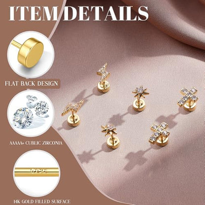 14K Gold Plated 925 Sterling Silver Flat Back Earrings Set | Hypoallergenic Cartilage Helix Conch Tragus Piercing Jewelry 3 Pairs Small Screw Dainty CZ Opal Earring Set Men Women - color: Gold, Style H
