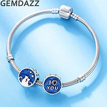 GEMDAZZ 925 Sterling Silver Valentines Day Charms Heart Charms, I Love You to The Moon and Back Pendant, Cupid Arrow and 4 Leaf Clover Beads fit European Bracelets, Gift for Lover/Wife/Girls - color: Couple Cat Charm