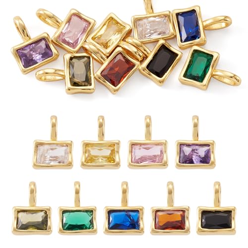 Beadthoven 9Pcs Gold Plated Cubic Zirconia Charms Rectangle Crystal Rhinestone Charms Dangle Bead Long-Lasting Brass Birthstone Pendants for Jewelry Making Necklace Earrings Bracelet DIY Craft - color: Rectangle Mix