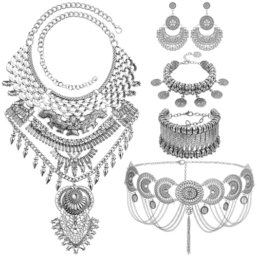 Liliaafar 5 Pcs Boho Jewelry Set Waist Chain, Coin Statement Necklace, Coin Hand Bracelet Dangle Earrings for Women Silver