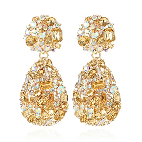 Rhinestone Statement Earrings Teardrop Costume Earrings Cluster Crystal Chandelier Drop Dangle Earrings for Women - color: Champagne